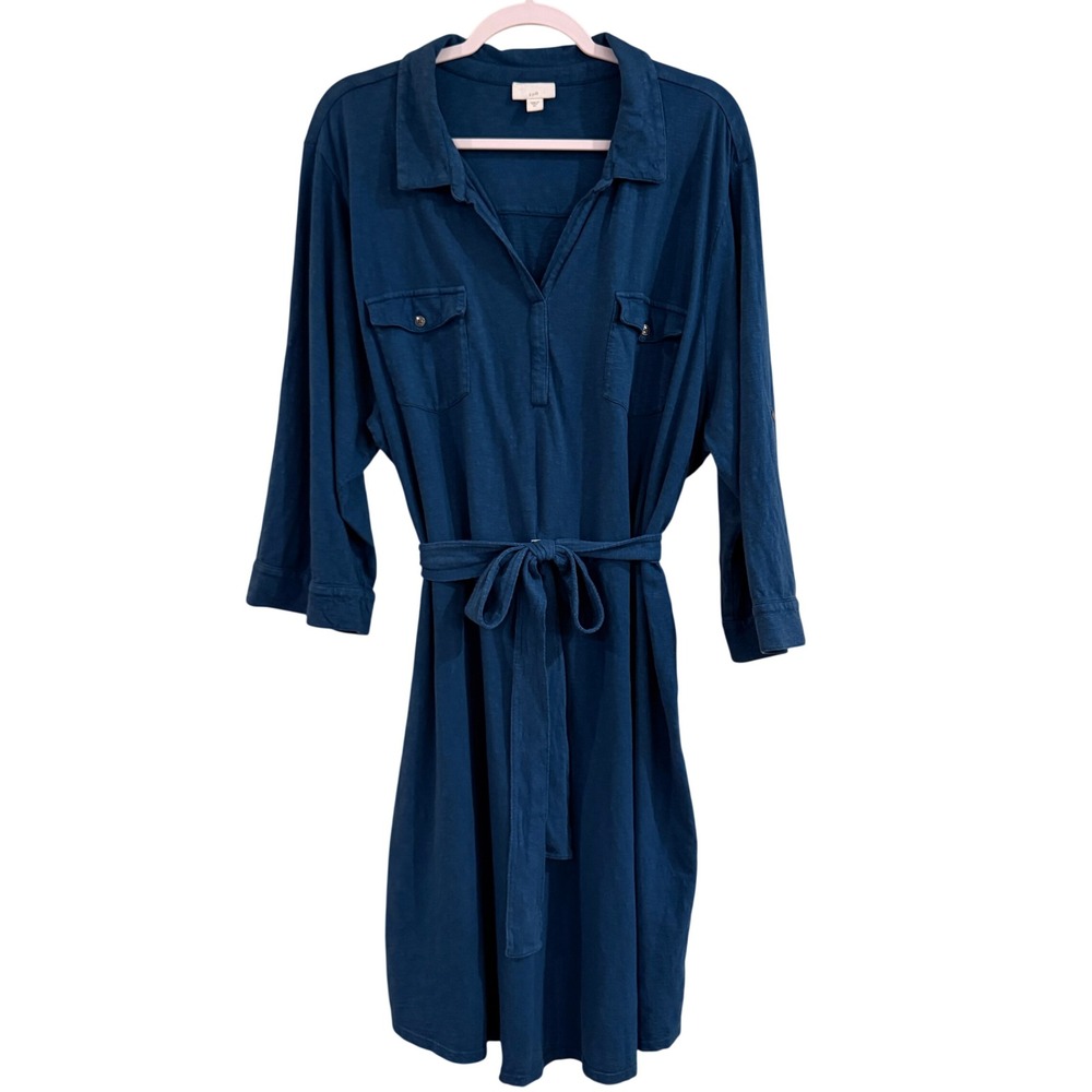 J.Jill Shirt Dress Women 3X Blue Cotton Knit Belted Utility Coastal Western